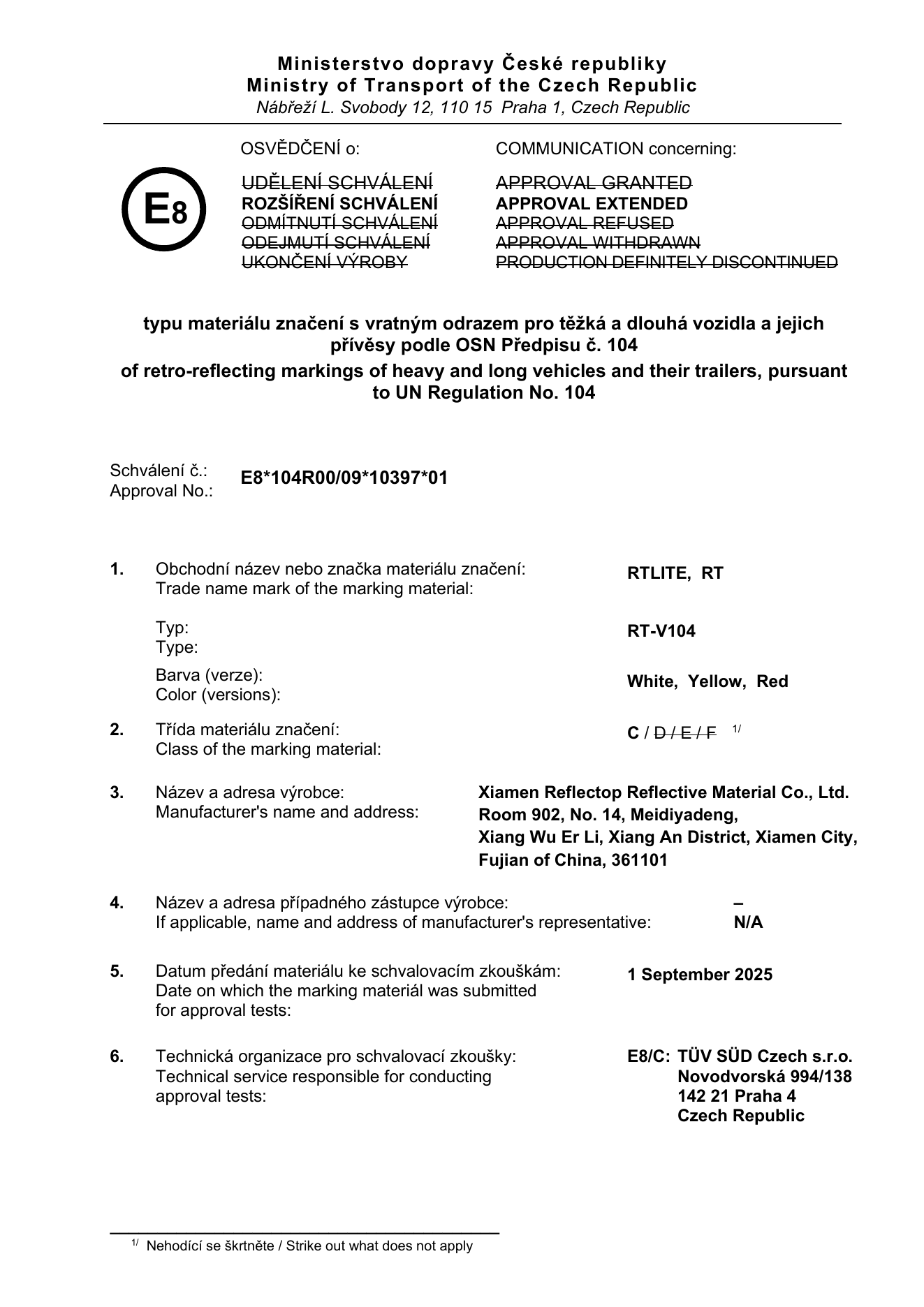 ECE 104 E8 approval document for RTLITE RT-V104