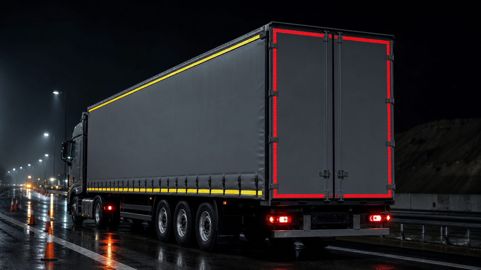 Commercial trailer with reflective vehicle markings at a night road work zone